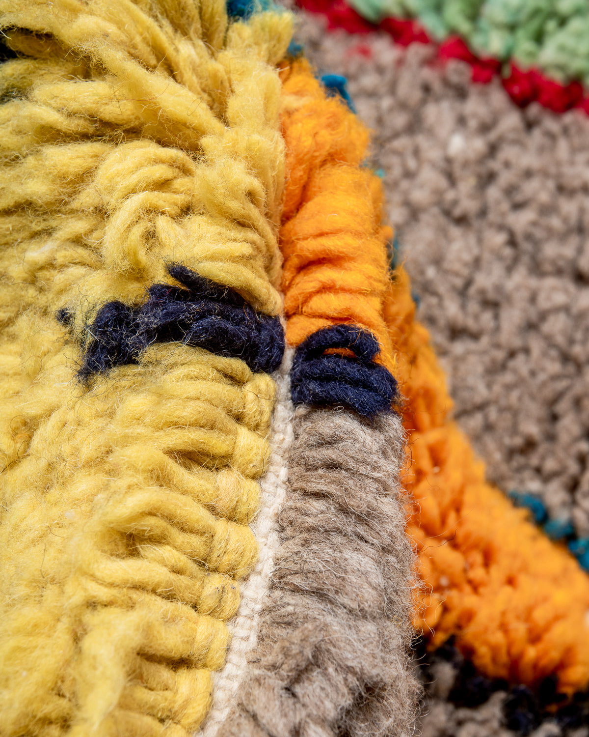 Modern, designer, handcrafted Berber rug from Morocco. Beniourain carpet with beautiful colours and patterns and fluffy wool texture.